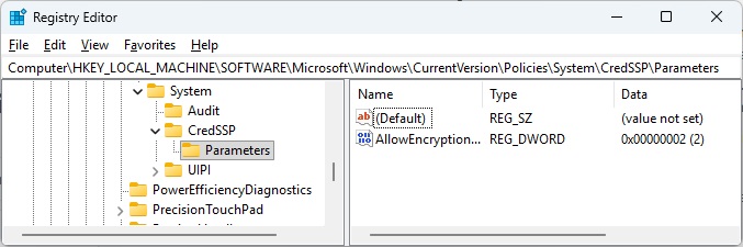 Local CredSSP Encryption Oracle Remediation setting through the registry