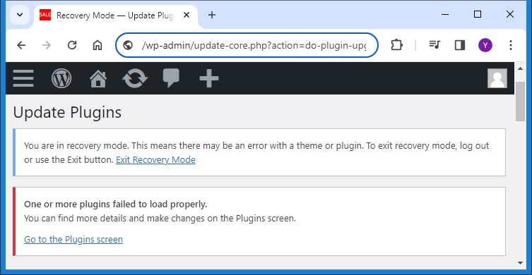 You are in recovery mode. This means there may be an error with a theme or plugin. To exit recovery mode, log out or use the Exit button. Exit Recovery Mode

One or more plugins failed to load properly.
You can find more details and make changes on the Plugins screen.

Go to the Plugins screen